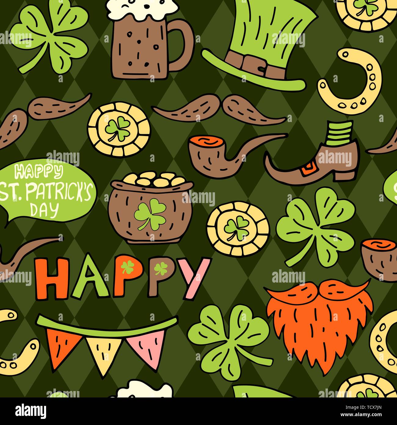 St Patrick's Day hand drawn doodle motif transparent, avec chapeau de leprechaun, pot de pièces d'or, bière, trèfle, fer à cheval, barbe, moustache. Illustration de Vecteur