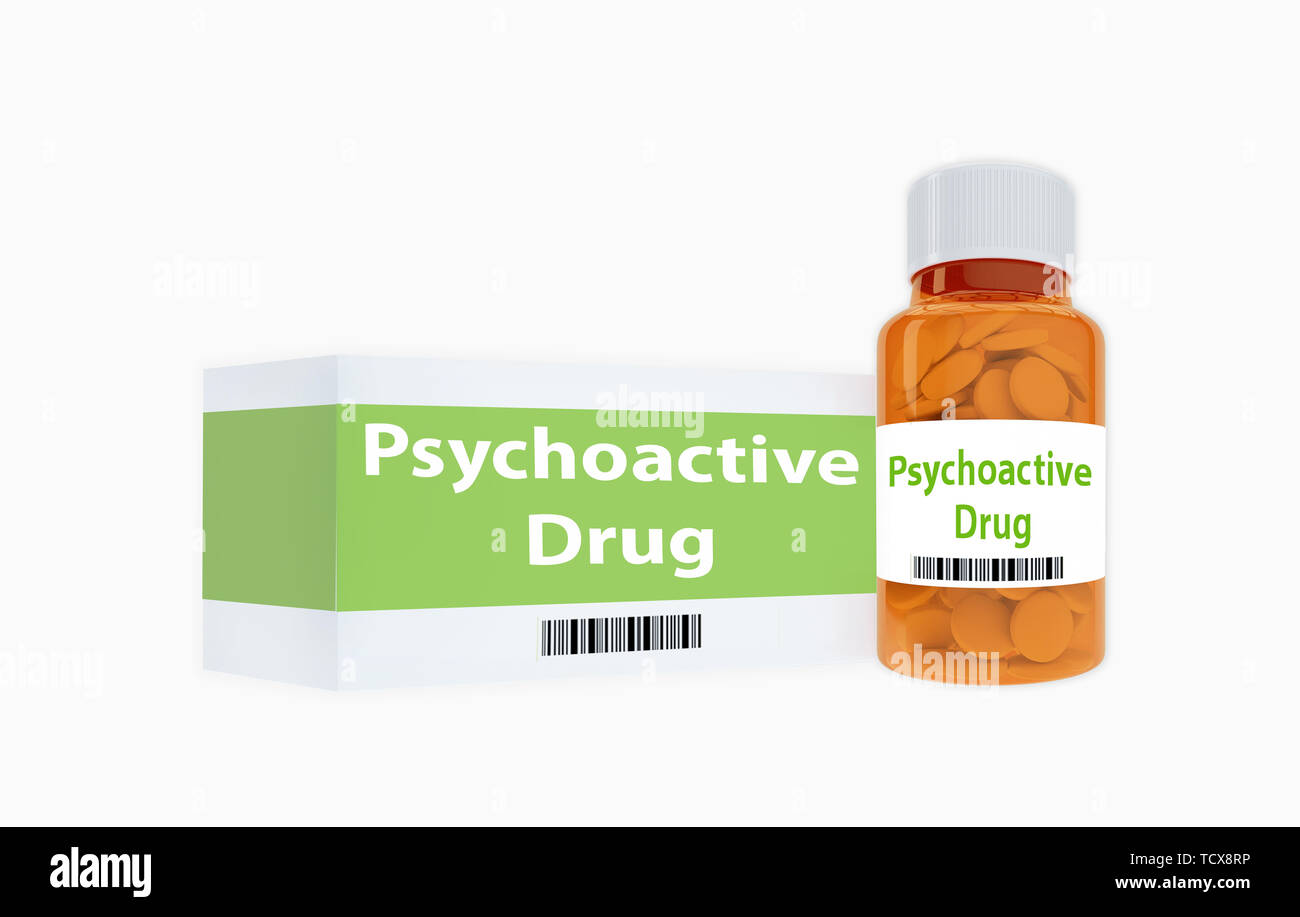 3D illustration de titre de médicaments psychoactifs sur bouteille de pilules, isolé sur blanc. Banque D'Images
