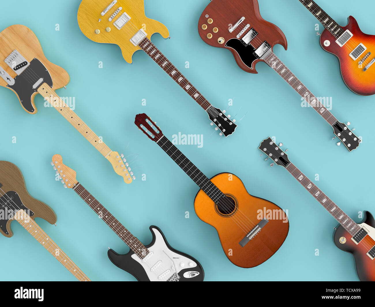 Groupe de guitares differenty vu de dessus en télévision jeter style. Image 3D rendu. Banque D'Images