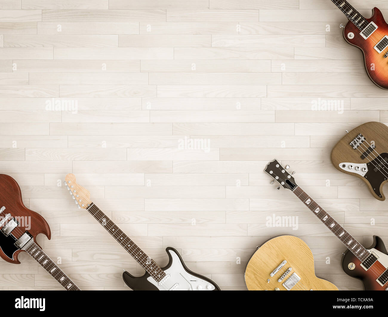 Groupe de guitares differenty vu de dessus en télévision poser du parquet en bois de style. Image 3D rendu. Banque D'Images