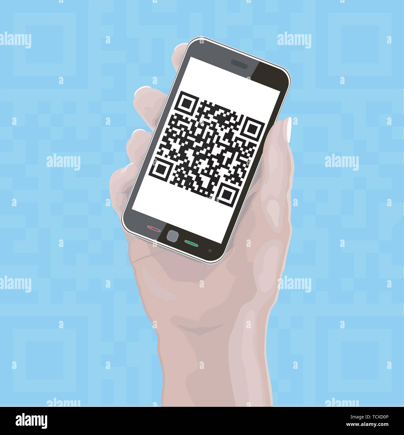 Main tenant Cellphone avec QR Code fictif10 EPS en couches Illustration de Vecteur