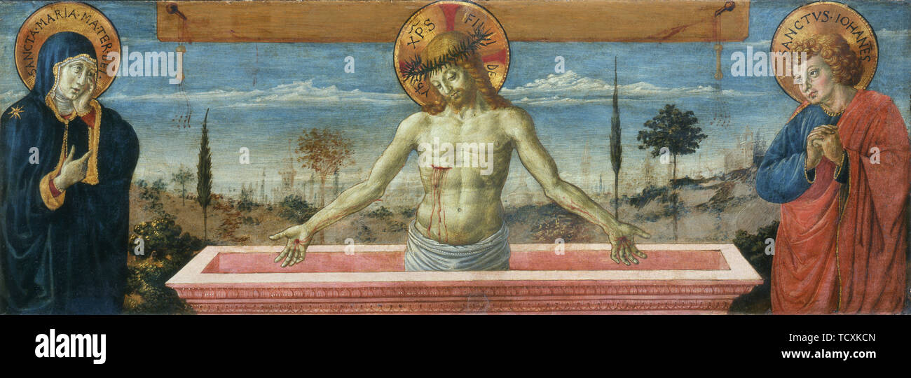 Homme de douleur entre vierge et de Saint Jean l'Evangéliste, 1469-1474 . Organisateur : Gozzoli, Benozzo (ca 1420-1497). Banque D'Images