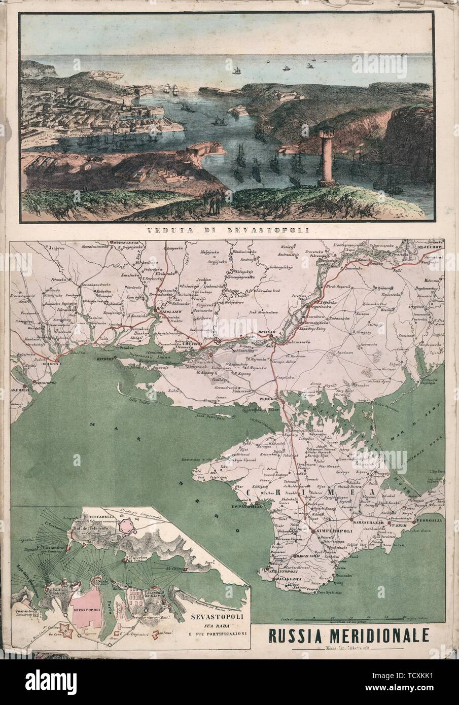 Carte de Russie du sud avec vue sur la baie de Sébastopol et ses fortifications, 1853. Organisateur : Civelli, Giuseppe (1816-1882). Banque D'Images