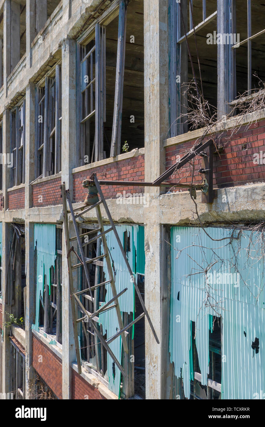 Detroit, Michigan - Une échelle est suspendu à l'extérieur de l'ancienne usine Packard. Ouvert en 1903, les 3,5 millions de pieds carrés usine emploie 40 000 travailleurs avant clo Banque D'Images