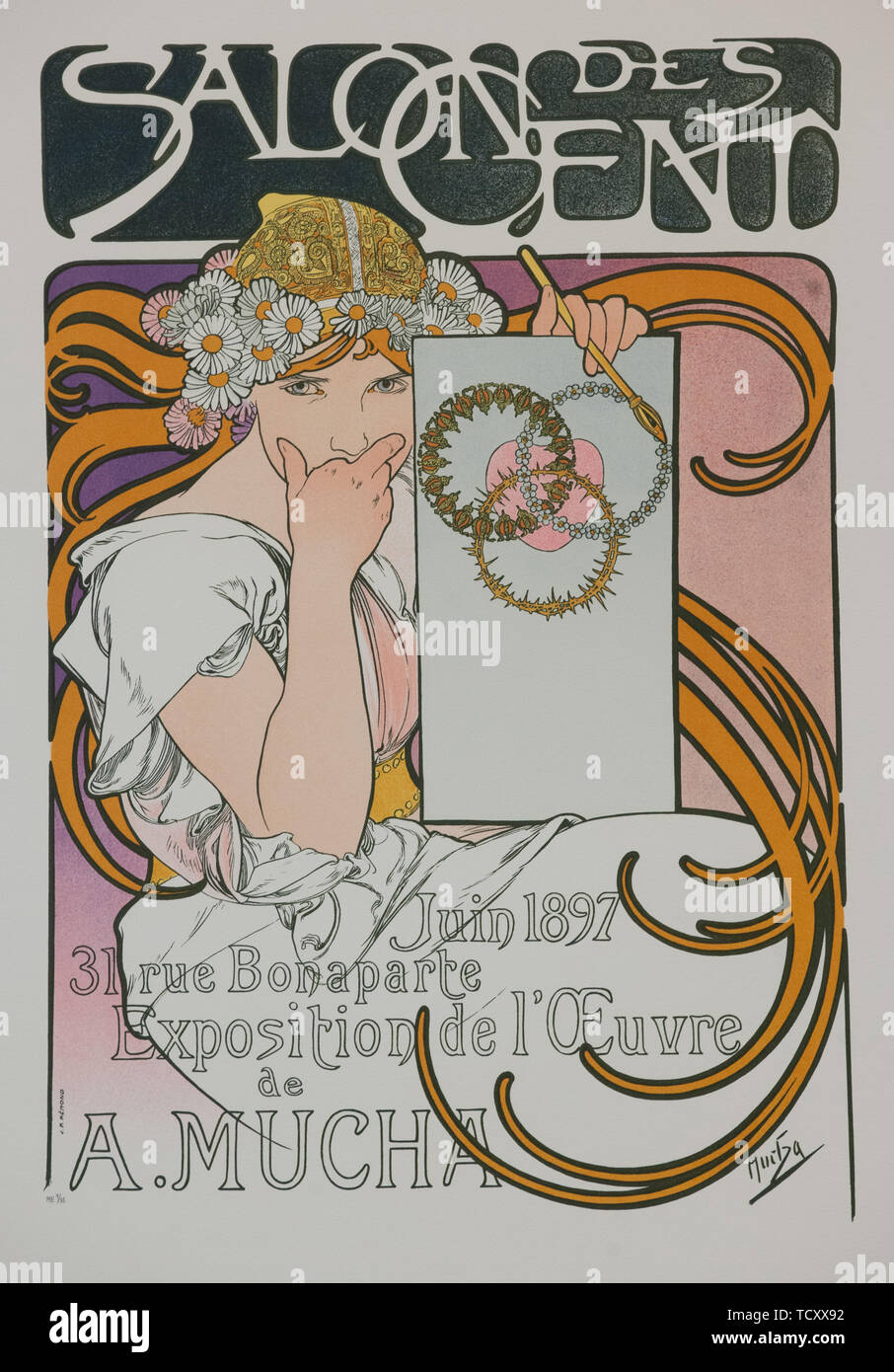Affiche de l'exposition A. Mucha au Salon des Cent, 1897. Créateur : Alfons Mucha, Marie (1860-1939). Banque D'Images
