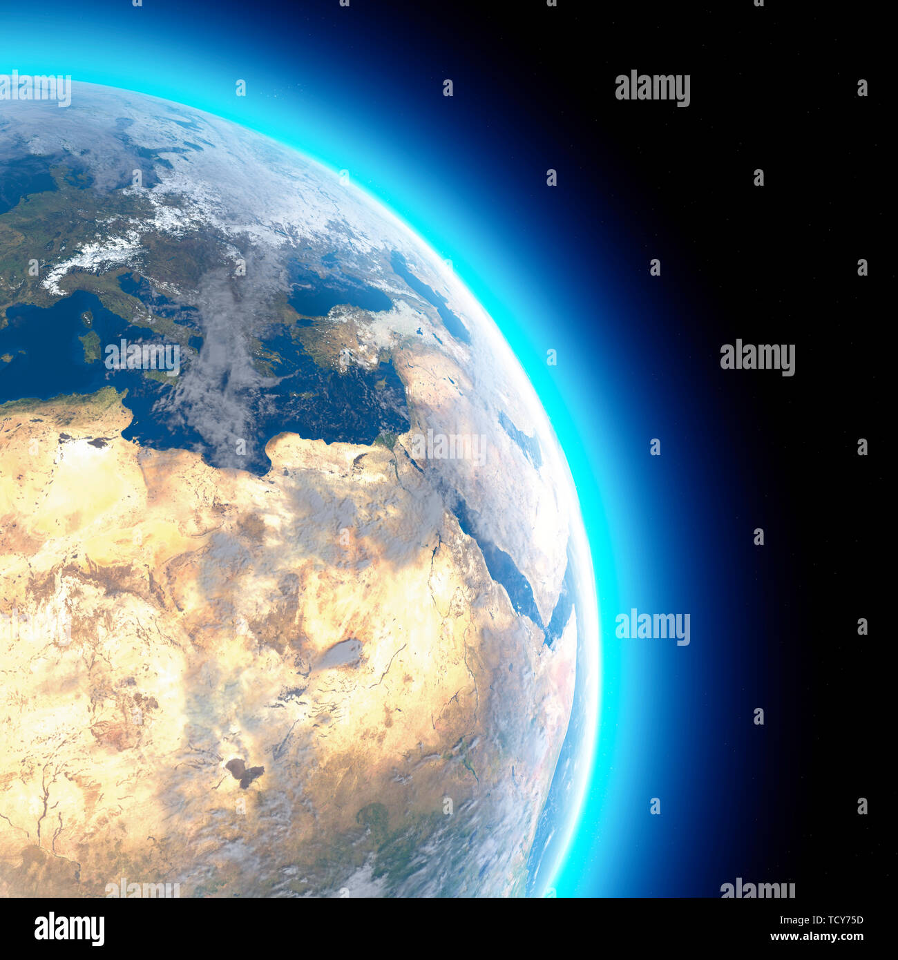 Carte Physique du monde, la vue satellite d'Afrique du Nord et centrale. L'Europe. Monde entier. Hémisphère. Reliefs et des océans. Le rendu 3D Banque D'Images