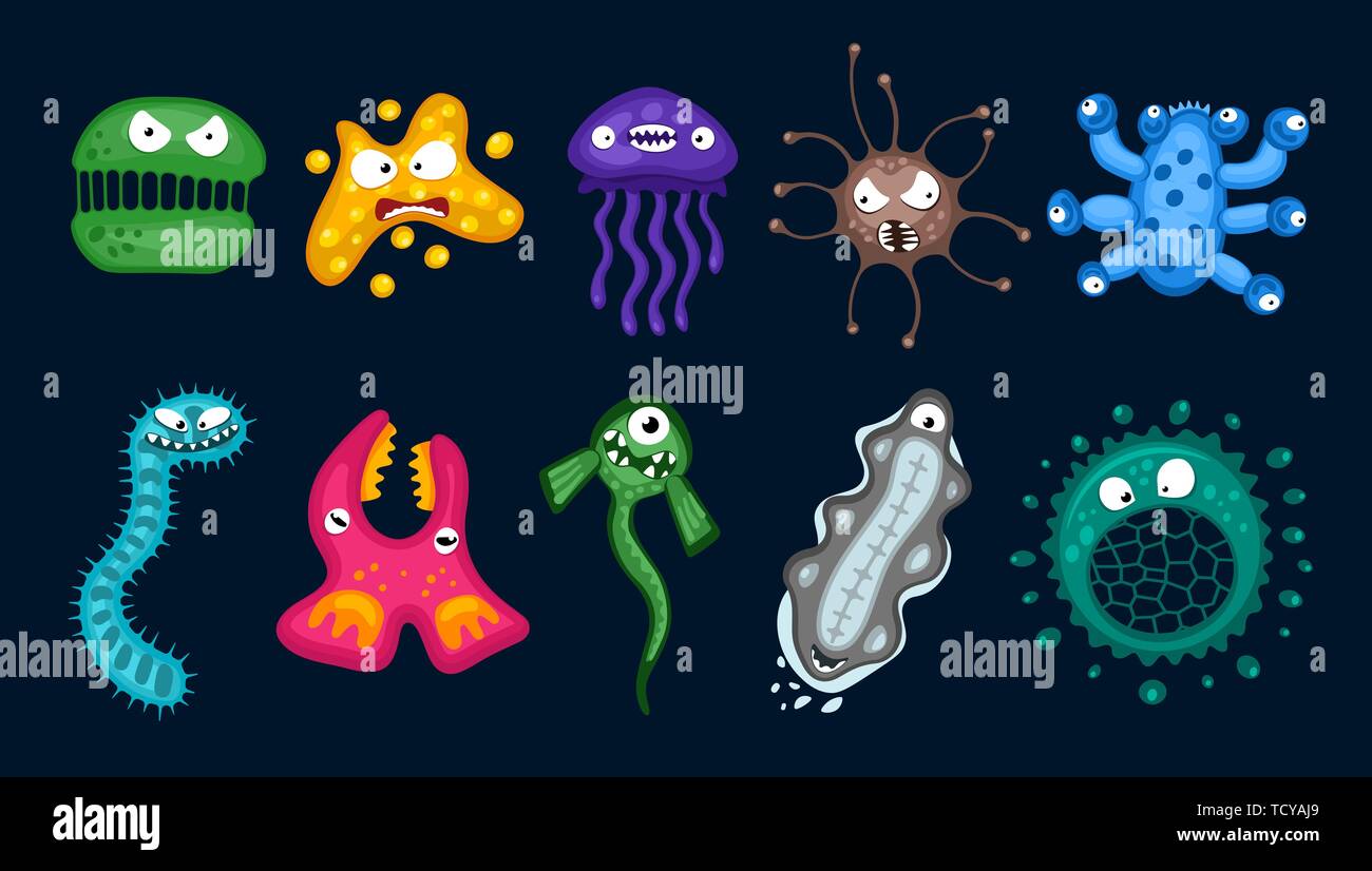Divers microorganismes bactéries virus vector cartoon germ'émoticône de caractères. La maladie bactérienne microbiologie infections illustration. Microbe organi Illustration de Vecteur