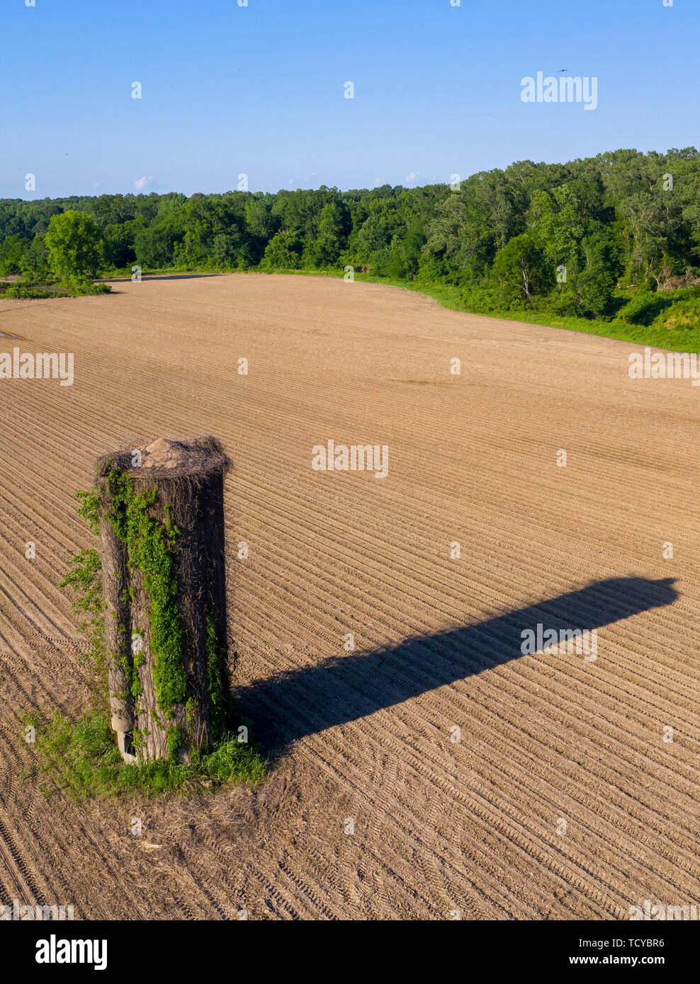 Lorman, Mississippi - un vieux silo dans un champ fraîchement labouré farm. Banque D'Images
