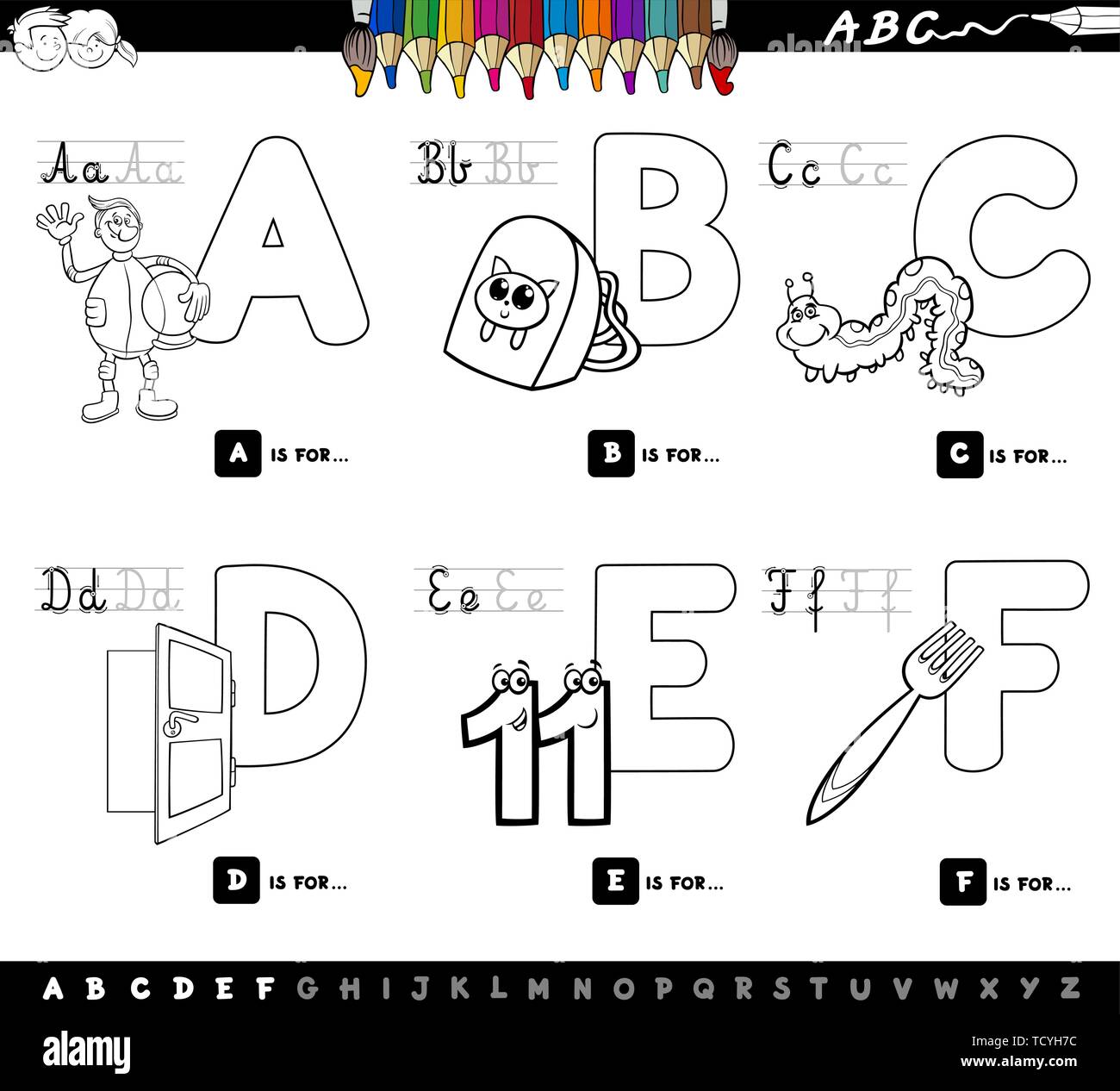 Cartoon noir et blanc Illustration de l'Alphabet Majuscules jeu éducatif pour la lecture et l'écriture de la pratique pour les enfants à partir d'un livre de couleur F Illustration de Vecteur