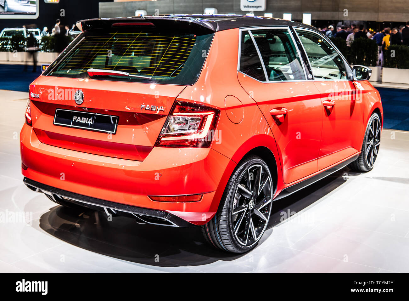 Bruxelles, Belgique, Jan 18, 2019 : rouge métallique Skoda Fabia à Bruxelles Salon de l'automobile, produit par le fabricant automobile tchèque Skoda Auto Banque D'Images