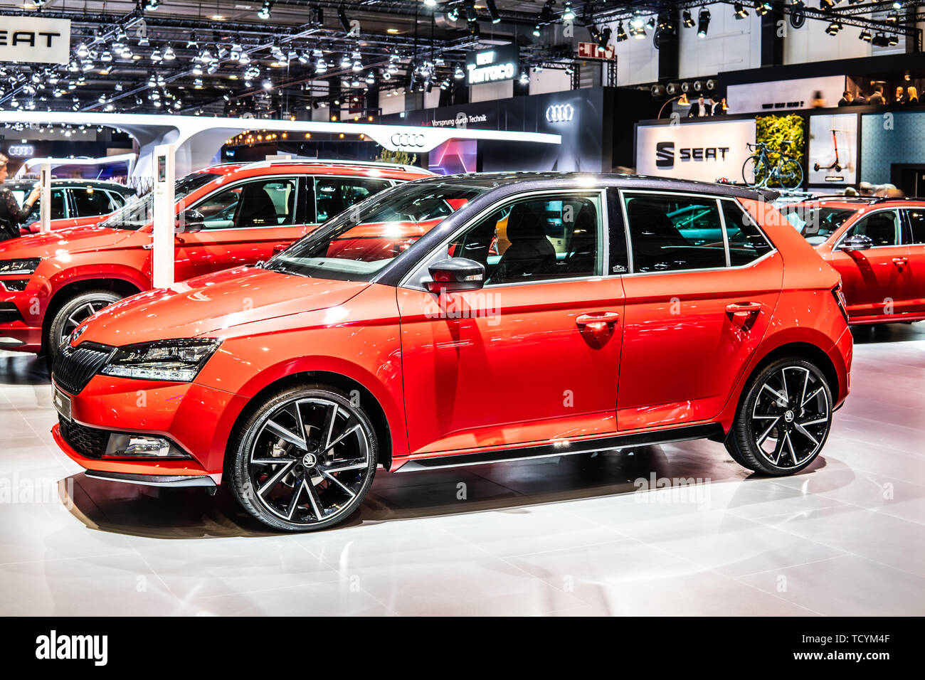 Bruxelles, Belgique, Jan 18, 2019 : rouge métallique Skoda Fabia à Bruxelles Salon de l'automobile, produit par le fabricant automobile tchèque Skoda Auto Banque D'Images