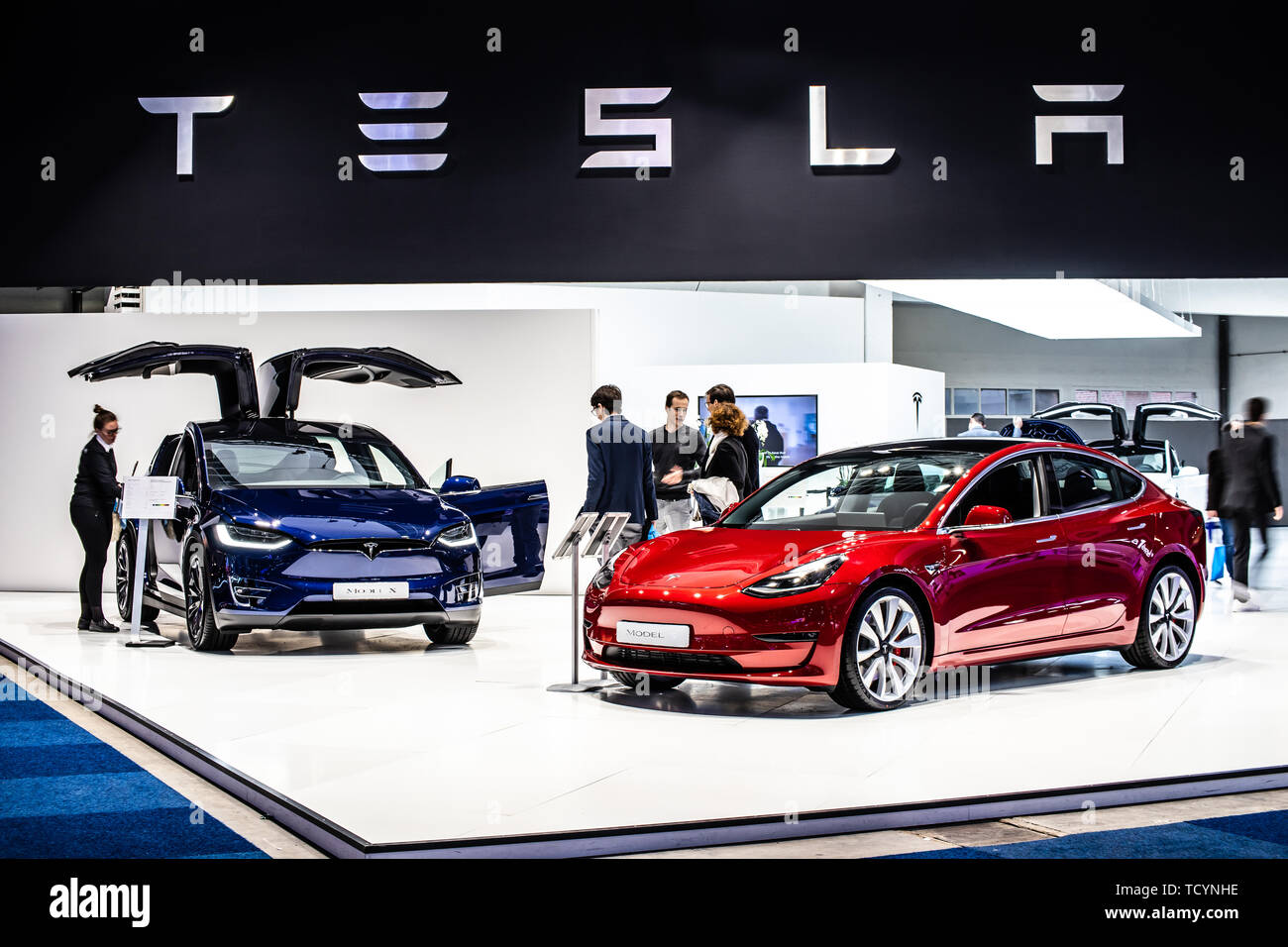 Bruxelles, Belgique, 22 janv. 2019 : 3 modèle Tesla Tesla et X à Bruxelles Salon de l'automobile, véhicule électrique EV produit par Tesla, Elon Musk, actionnaire principal Banque D'Images