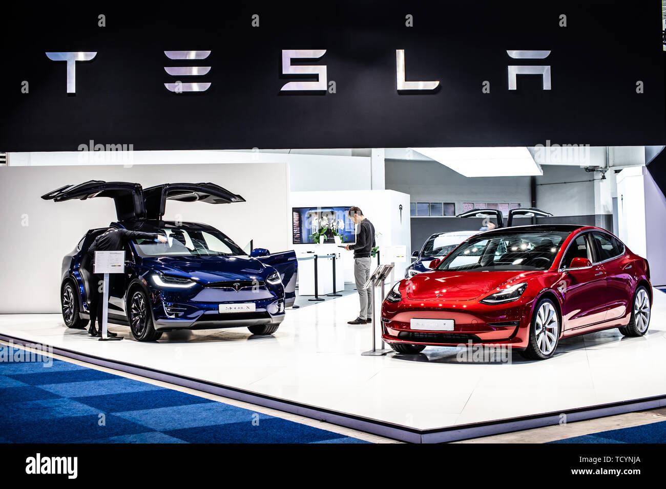 Bruxelles, Belgique, 22 janv. 2019 : 3 modèle Tesla Tesla et X à Bruxelles Salon de l'automobile, véhicule électrique EV produit par Tesla, Elon Musk, actionnaire principal Banque D'Images