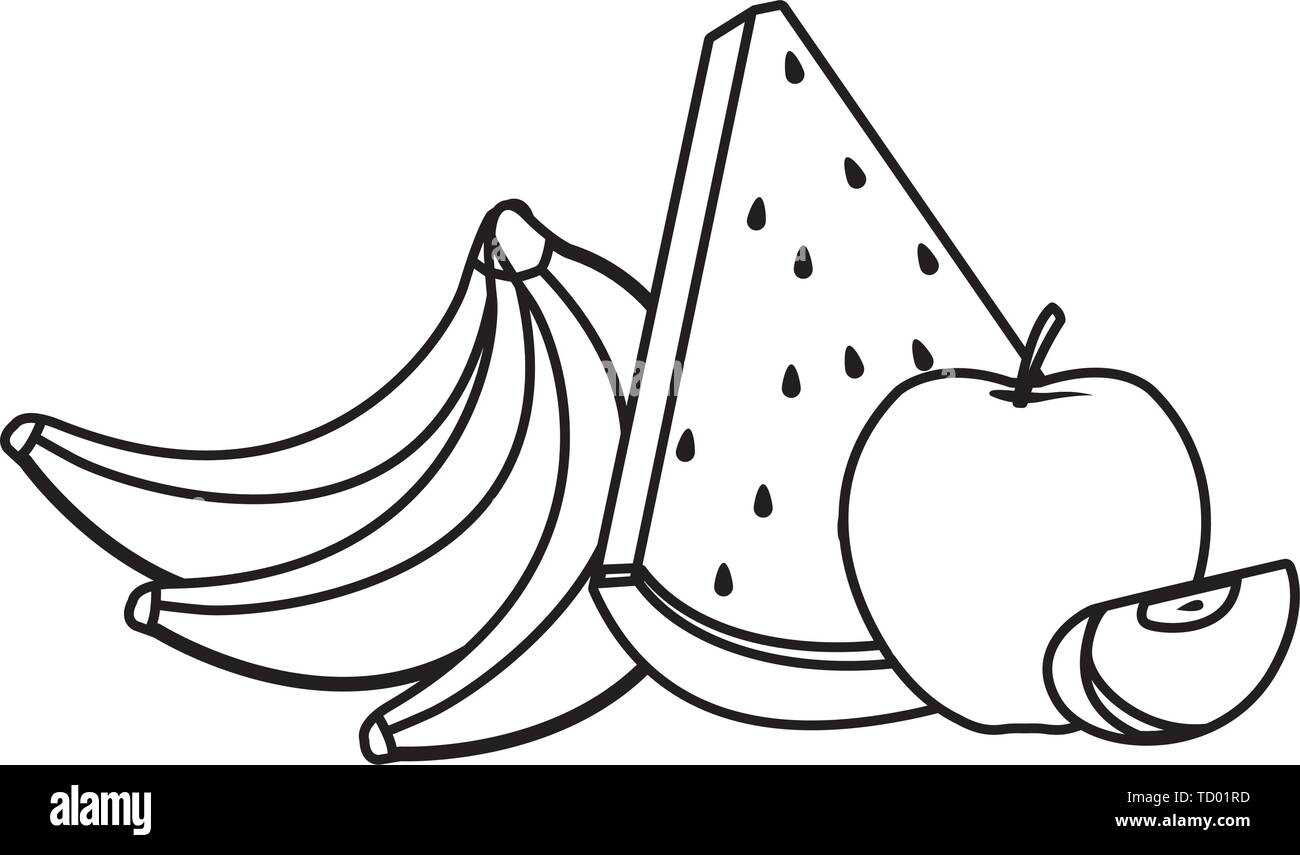 Délicieux mélange de fruits cartoon en noir et blanc Illustration de Vecteur
