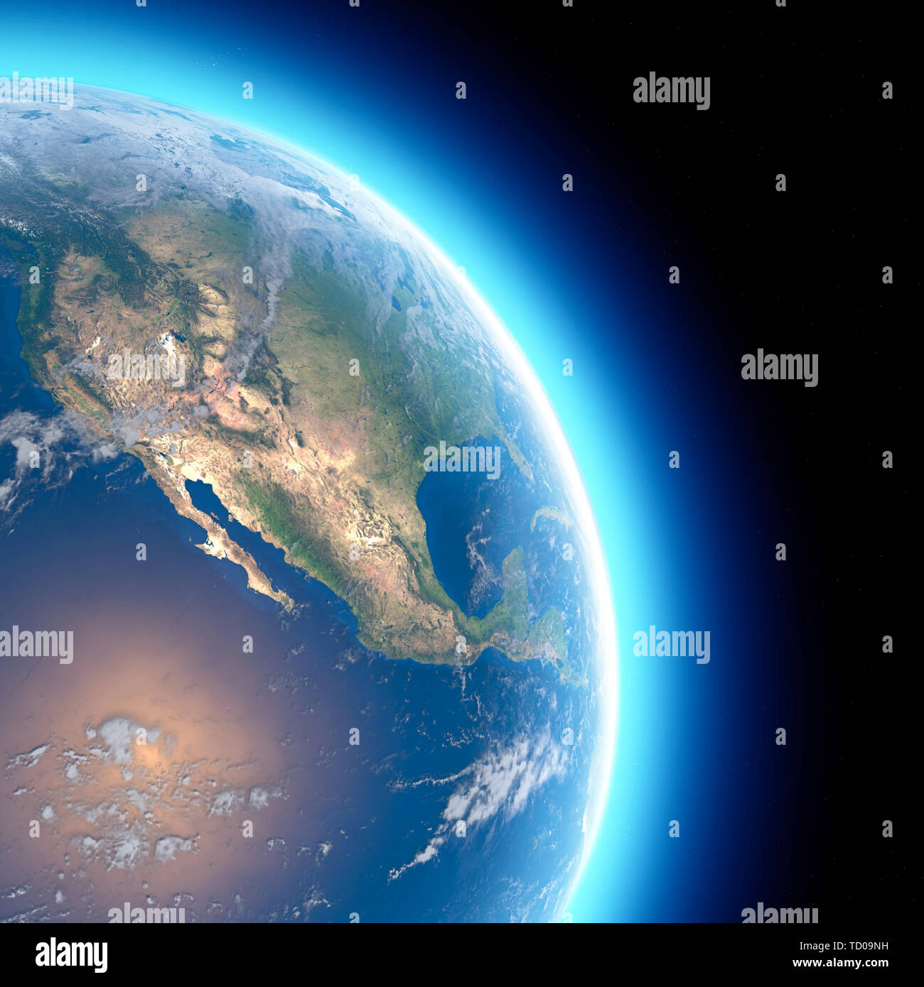 Carte Physique du monde, la vue satellite de l'Amérique du Nord et en Amérique centrale. Monde entier. Hémisphère. Reliefs et des océans. Le rendu 3D Banque D'Images