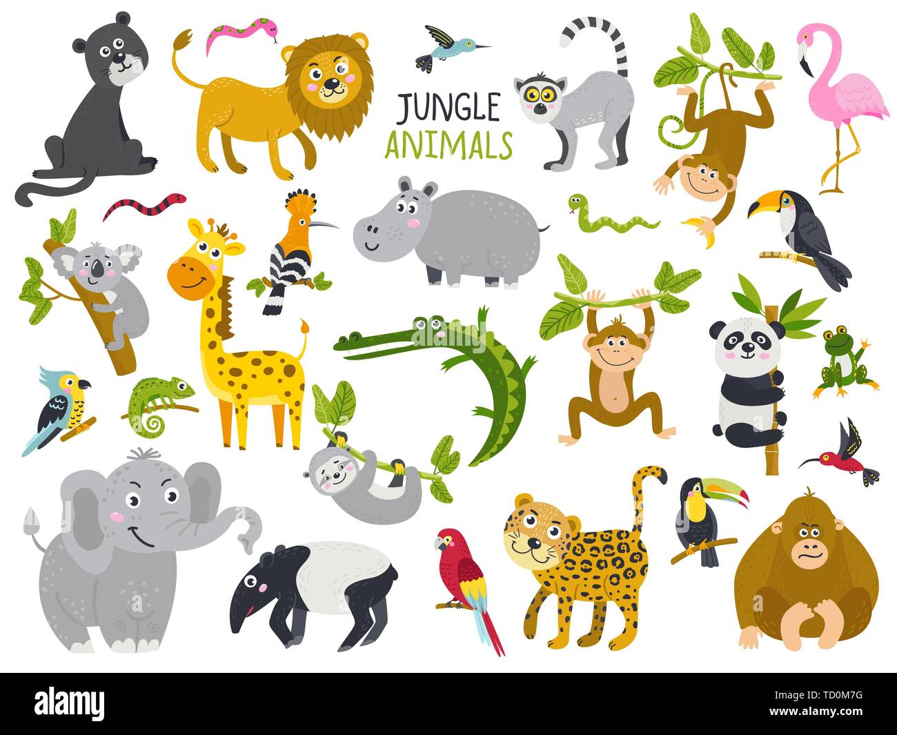 Grand ensemble d'animaux mignons de jungle. Les éléments bloqués pour autocollants, cartes, affiches et invite Illustration de Vecteur