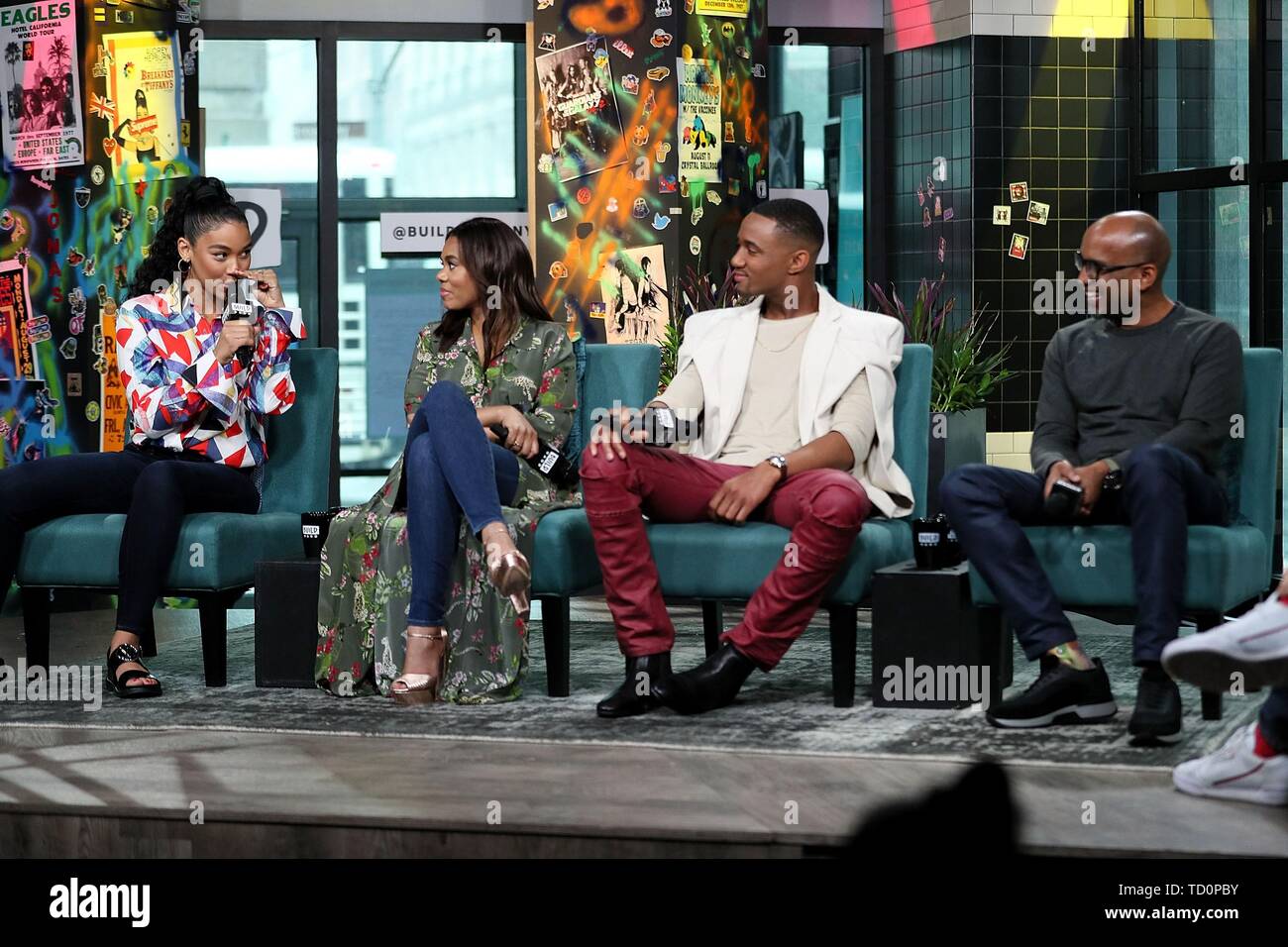 Alexandra Shipp, Regina Hall, Jessie T. Usher, Tim Story à l'intérieur pour construire AOL Celebrity Series Candids - SUN, AOL Construire Series, New York, NY 10 juin 2019. Photo par : Steve Mack/Everett Collection Banque D'Images