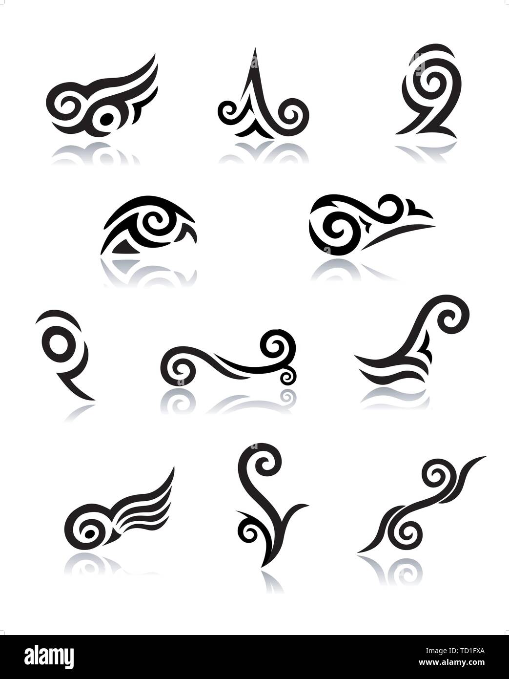 Maori Koru abstrait Éléments tatouage avec réflexions, chaque objet regroupées séparément EPS10 Illustration de Vecteur