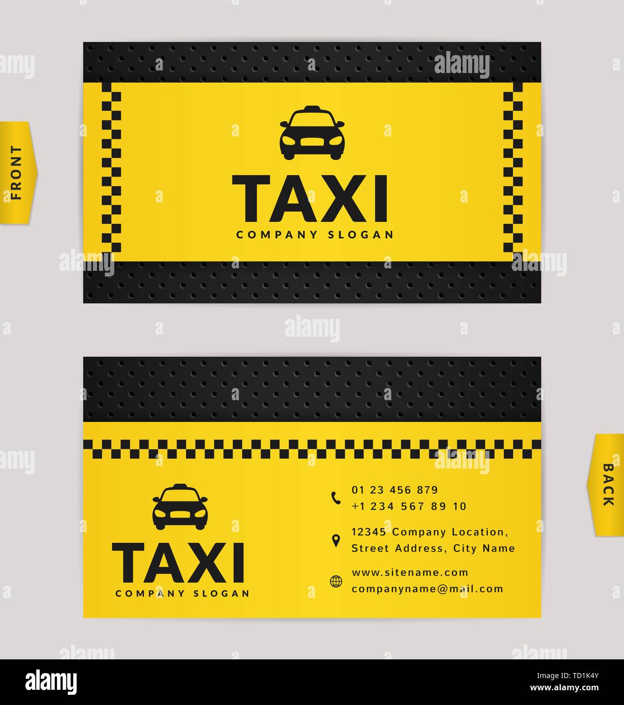 Design de carte d'affaire en noir et jaune. Vecteur élégant modèle pour la compagnie de taxi. Illustration de Vecteur