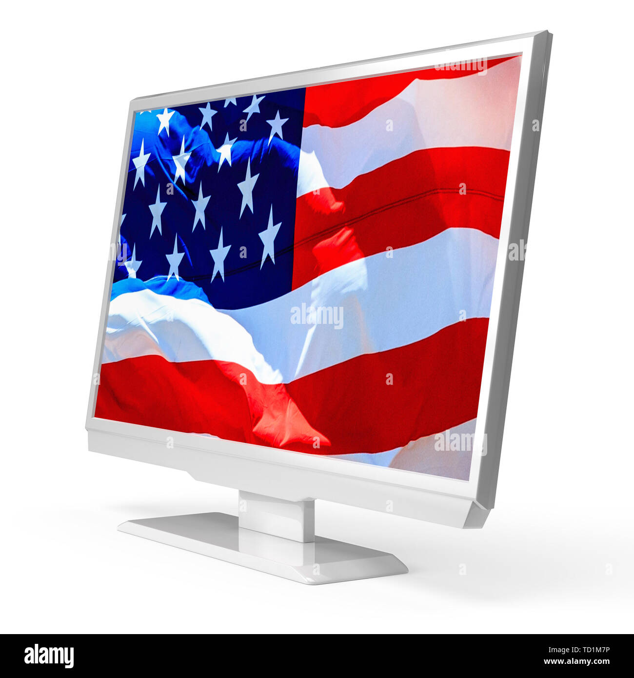 Tv LCD LED avec drapeau USA américain sur l'écran isolé sur fond blanc. Le rendu 3D Banque D'Images