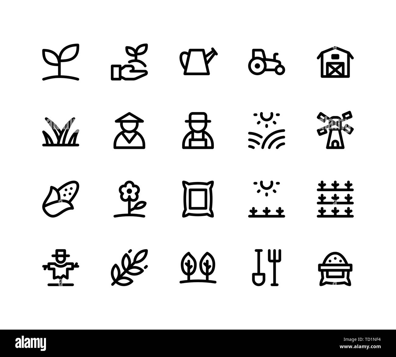 Simple Jeu d'icônes de lignes vectorielles associées à l'Agriculture. Contient des icônes telles que plantes, ferme, grange, Sack, scarecrow et plus Illustration de Vecteur