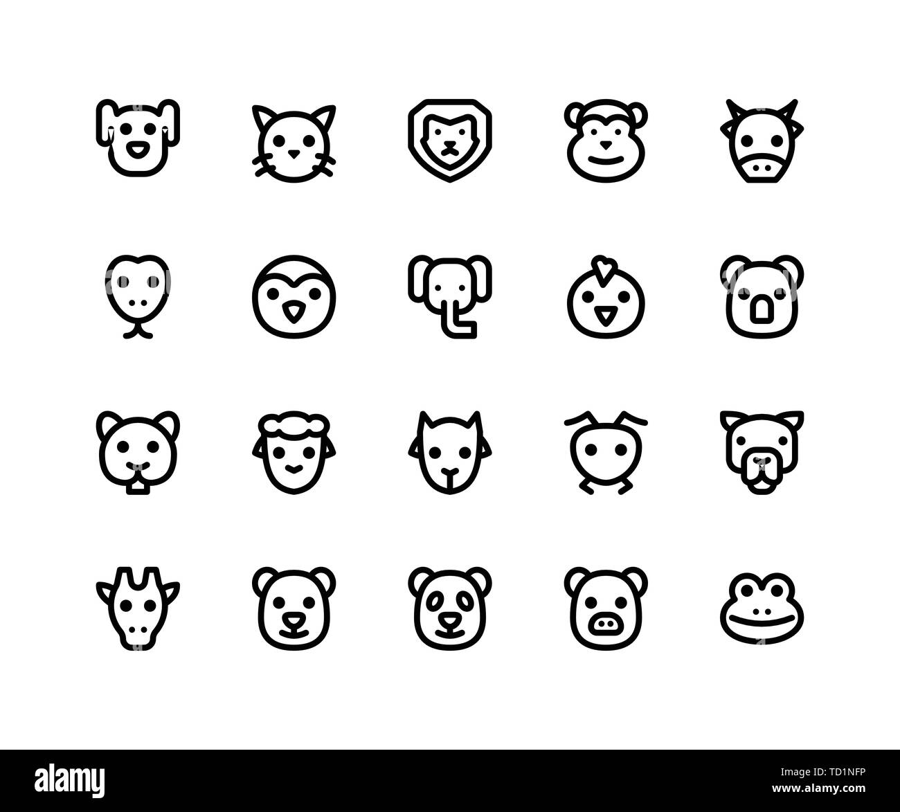 Simple Jeu d'Animal Face ligne vectorielle d'icônes. Contient des icônes telles que chien, chat, lion, singe, vache et plus. pixel perfect icônes vectorielles basées sur Illustration de Vecteur