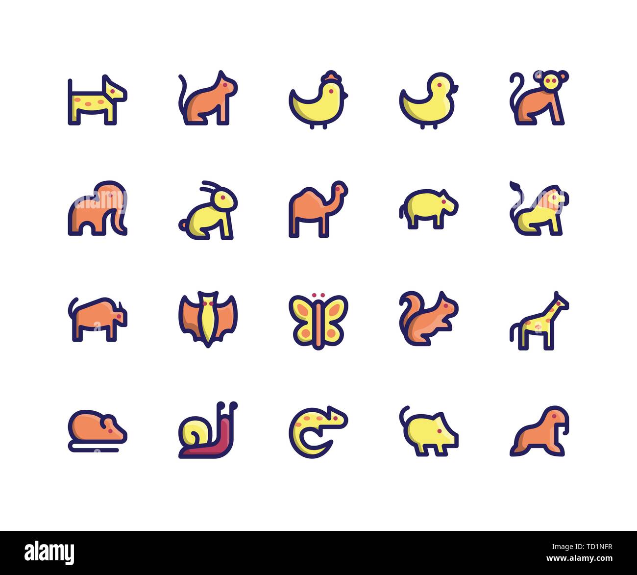 Simple Jeu d'Animal vecteur connexes Ligne rempli d'icônes. Contient des icônes telles que chien, chat, Poussin, canard, singe et plus. pixel vecteur parfait icônes correspondant Illustration de Vecteur