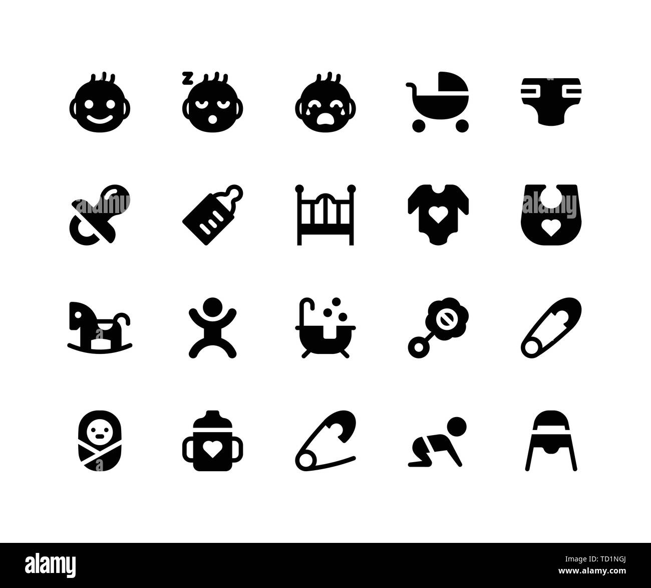 Simple Jeu d'Icônes glyphe vecteur connexe de bébé. Contient des icônes telles que bébé, poussette, couche, biberon, sucette et plus. pixel perfect icônes vecteur ba Illustration de Vecteur