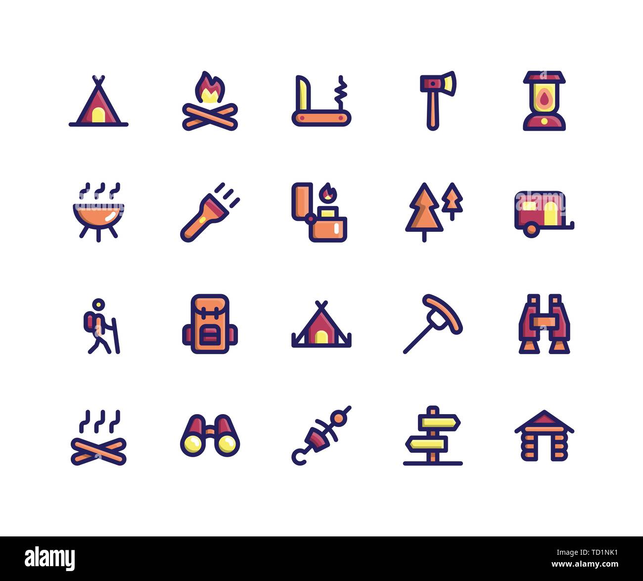 Simple Ensemble de vecteur ligne connexes Camping rempli d'icônes. Contient des icônes telles que Camp, feu, couteau, hache, lampe et plus. pixel perfect vector icons b Illustration de Vecteur