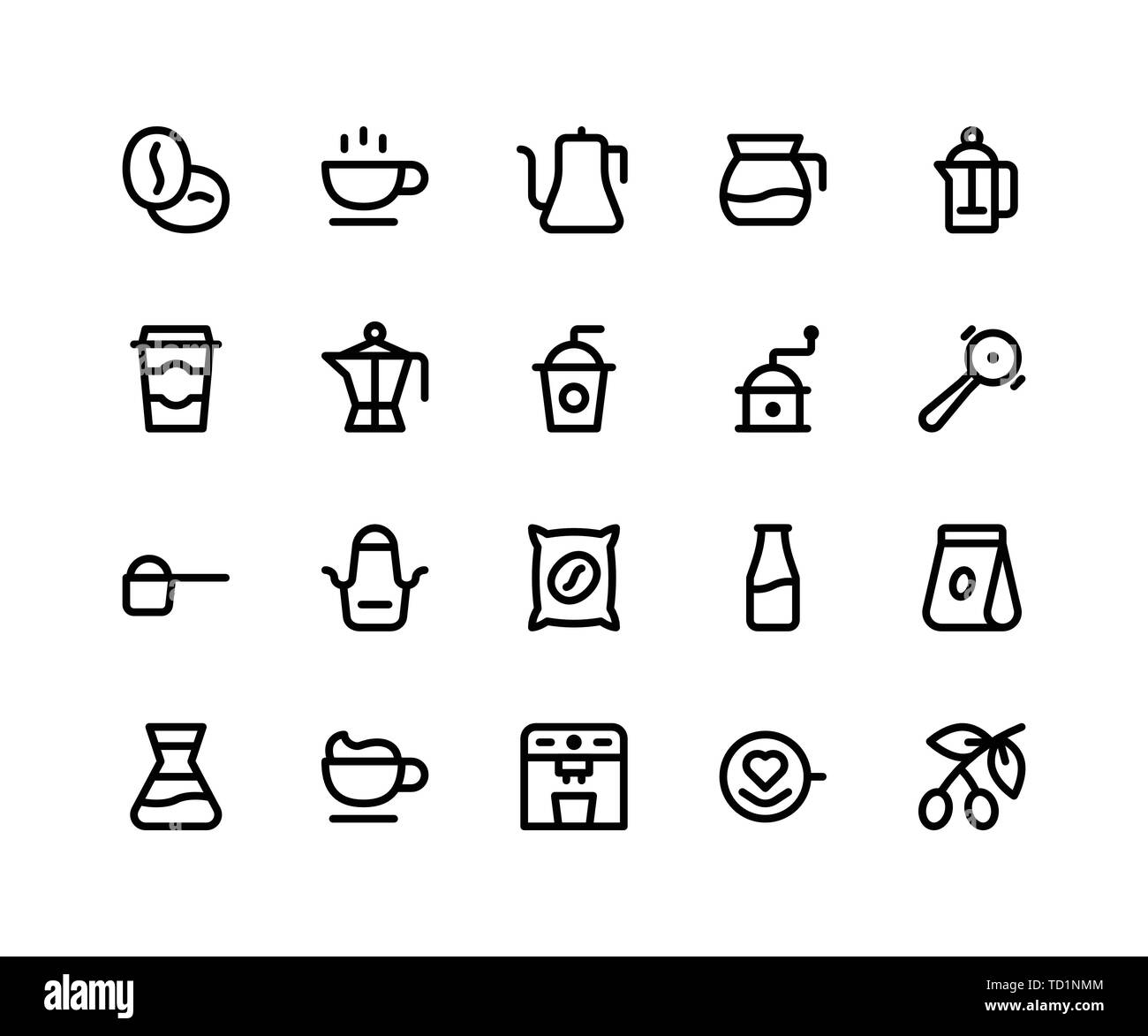 Ensemble simple de café Shop Related ligne vectorielle d'icônes. Contient des icônes tels les haricots, tasse, électrique, rectifieuse, tablier et plus. pixel vecteur parfait icônes correspondant Illustration de Vecteur