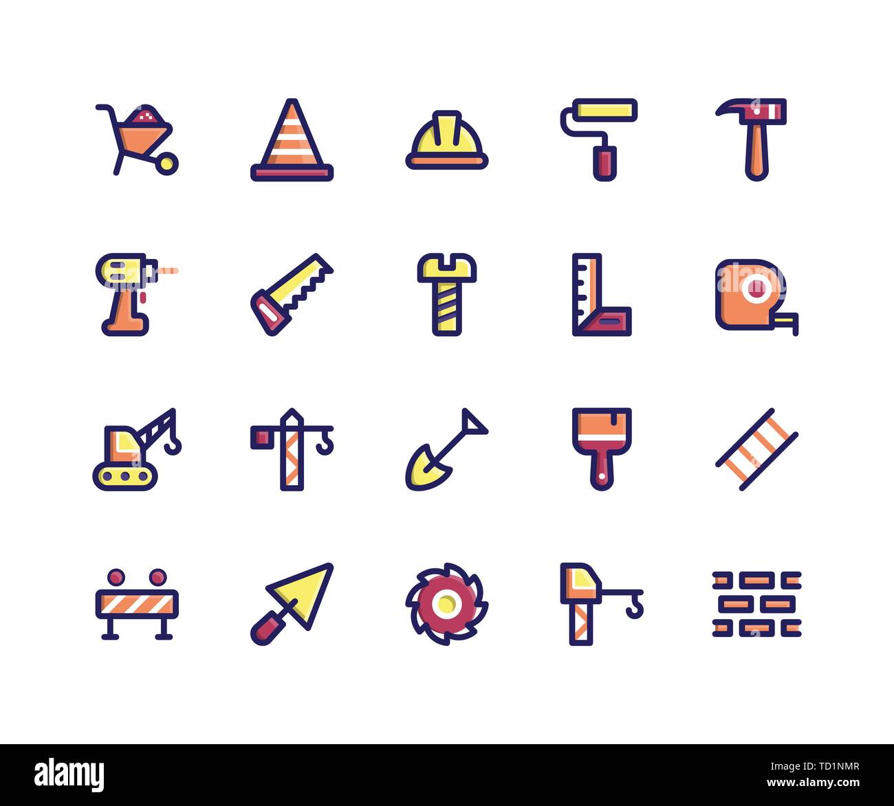 Simple Jeu d'icônes de ligne de vecteur d'activités sur la construction. Contient des icônes telles que Barrow, casque, marteau, perceuse, scie et plus Illustration de Vecteur
