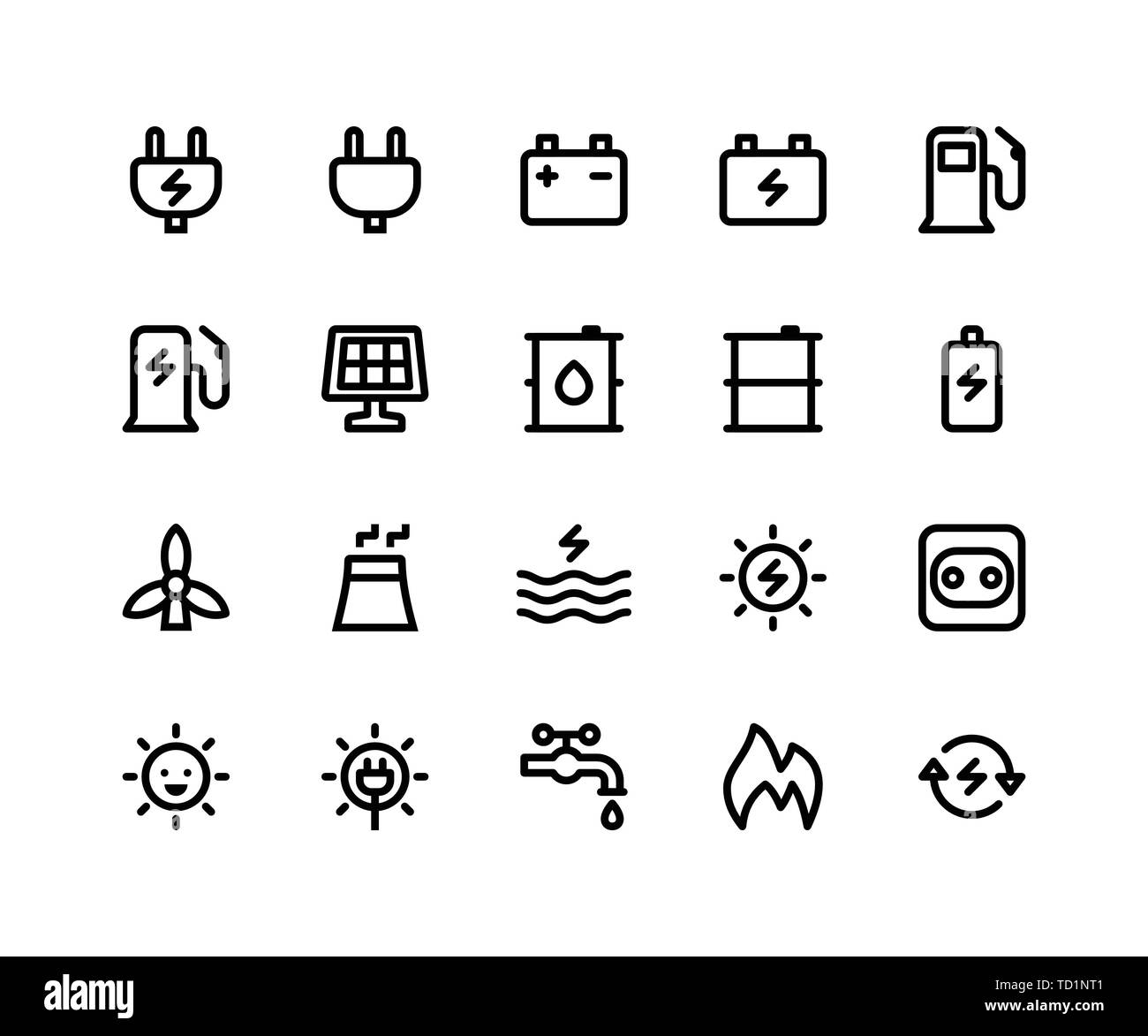 Simple Jeu d'icônes de ligne de vecteur énergétique. Contient des icônes telles que la prise, la batterie, le gaz, l'énergie solaire, l'huile, soleil et plus. pixel vecteur parfait icônes correspondant Illustration de Vecteur