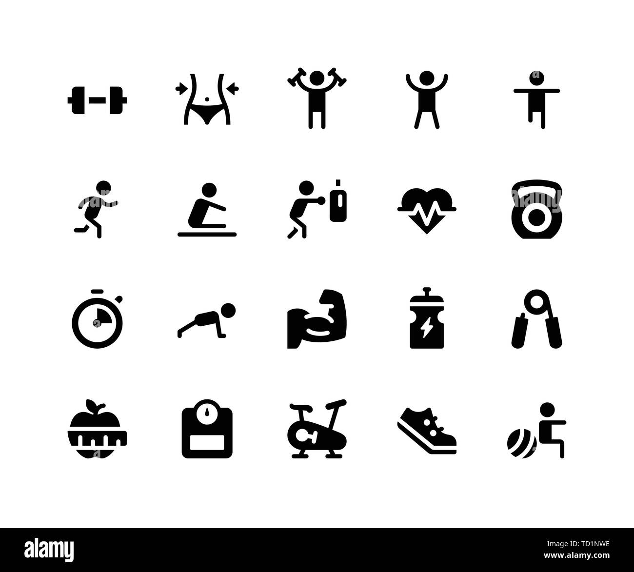 Ensemble simple de la forme physique des icônes vectorielles glyphe. Contient de telles icônes sous la forme d'haltère, exercice, exécuter, boxe, pousser vers le haut et plus. pixel perfect vector icons Illustration de Vecteur