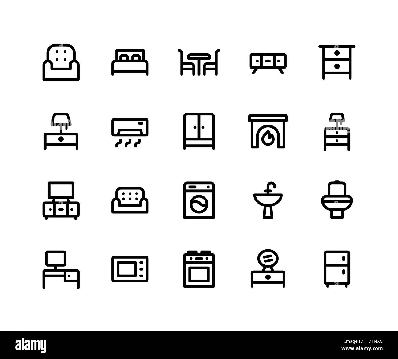 Set de meubles simples liées ligne vectorielle d'icônes. Contient des icônes telles qu'un canapé-lit, table, armoire, lampe, et plus encore. pixel vecteur parfait icônes correspondant o Illustration de Vecteur