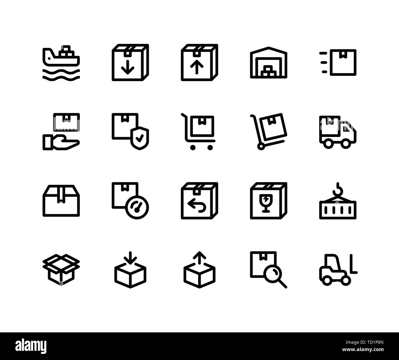 Simple Jeu d'icônes liées logistique ligne vectorielle. Contient des icônes telles que freighter, paquet, inventaire, d'entrepôt, trolley et plus. pixel perfect vect Illustration de Vecteur