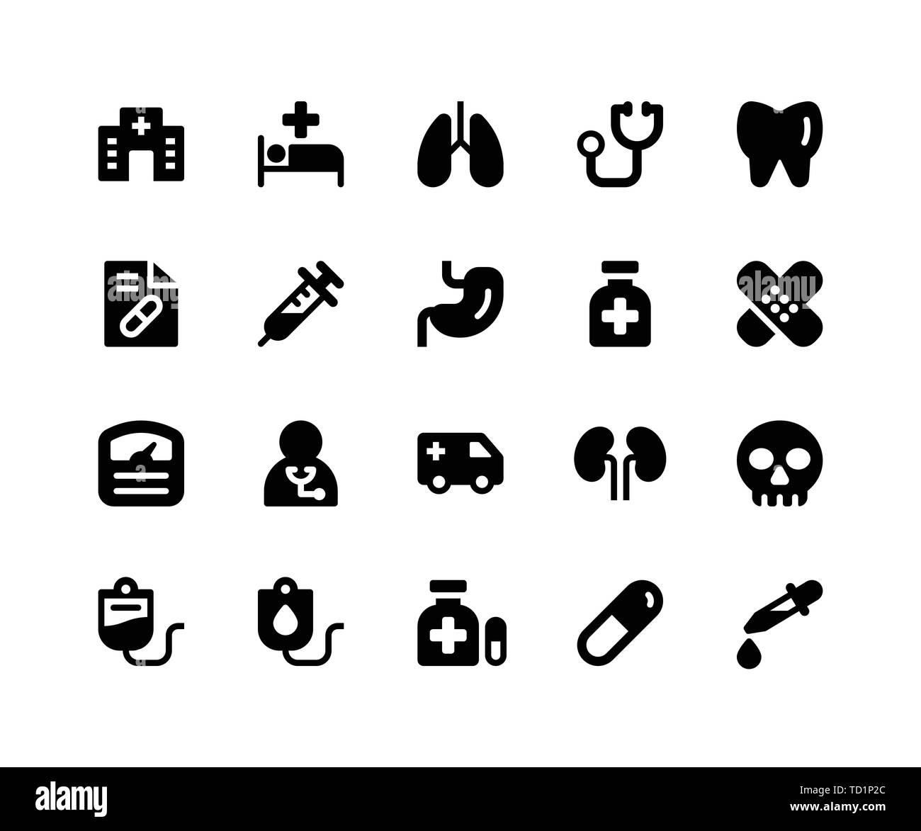Simple Jeu d'icônes vectorielles liées médical glyphe. Contient des icônes telles que les services hospitaliers, médicaux, poumons, médecin, dents et plus. pixel perfect vector icons Illustration de Vecteur