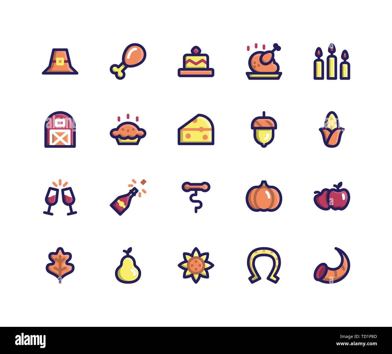 Simple Jeu d'action de grâce de vecteur ligne connexes rempli d'icônes. Contient des icônes telles que pilgrim hat, aile de poulet, gâteau, bougies, grange et plus. pixel par Illustration de Vecteur