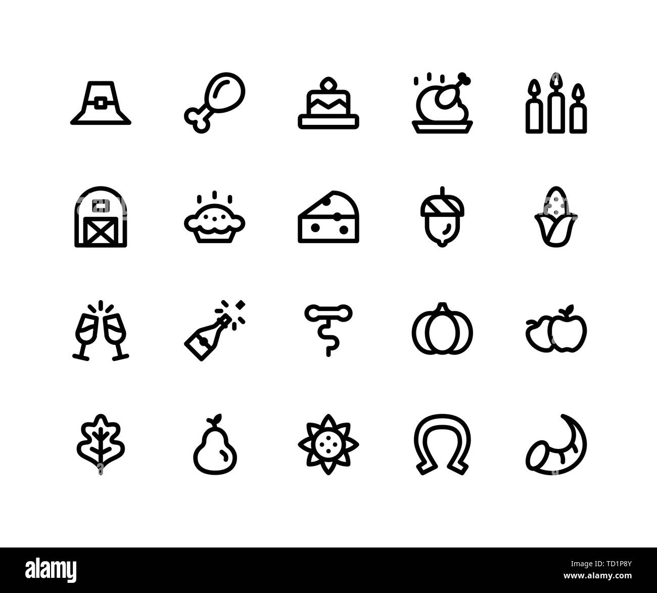 Simple Jeu d'action de grâce concernant ligne vectorielle d'icônes. Contient des icônes telles que pilgrim hat, aile de poulet, gâteau, bougies, grange et plus. pixel perfect ve Illustration de Vecteur