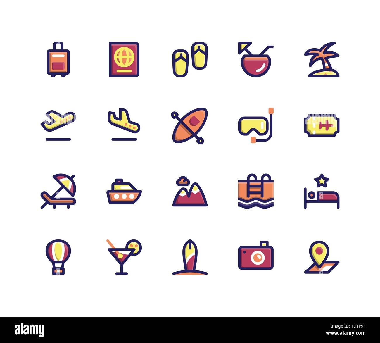 Simple Jeu d'Ambiance voyage rempli d'icônes vectorielles Ligne. Contient des icônes telles que porte-documents, passeport, sandales, noix de coco, l'île et plus. pixel perfect ve Illustration de Vecteur