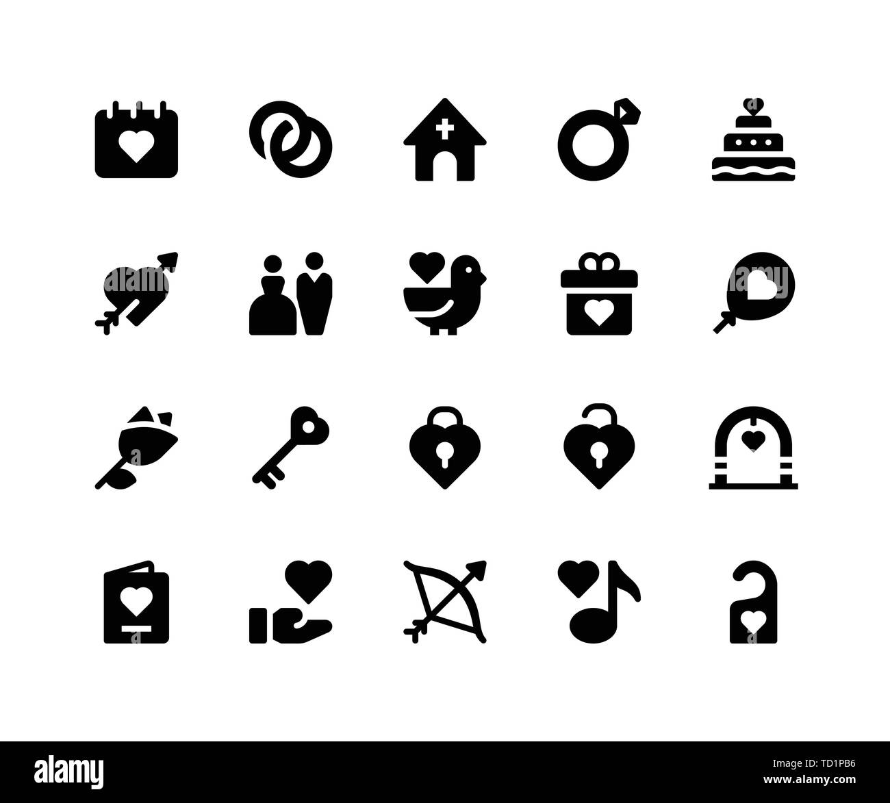 Simple Jeu d'Icônes glyphe vecteur connexe de mariage. Contient des icônes telles que la date, l'anneau, église, gâteau, arch et plus. pixel perfect icônes vectorielles basées sur Illustration de Vecteur