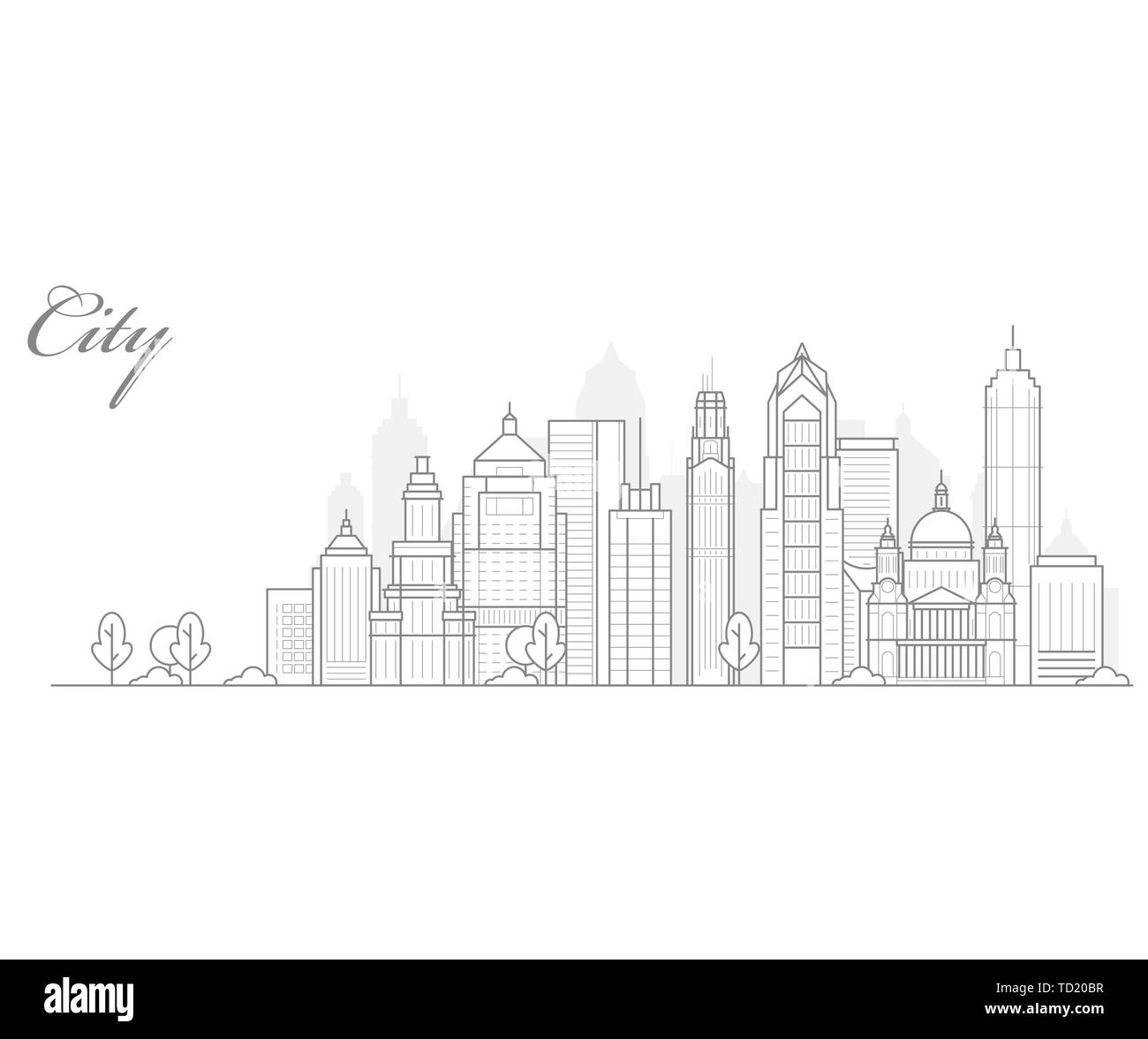 Paysage de ville modèle, fine ligne cityscape, vue sur le centre-ville avec des gratte-ciel - panorama urbain de mégalopole Illustration de Vecteur