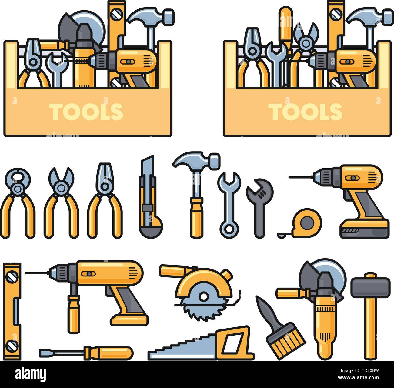 Icônes d'outils de travail - Boîte à outils, perforateur, perceuse, clé, avion, a vu, pinces et construction tools kit Illustration de Vecteur