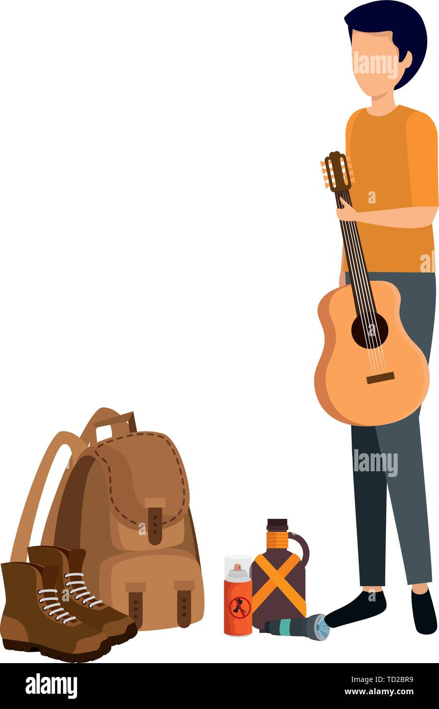 Jeune homme à la guitare et l'équipement de camping Illustration de Vecteur