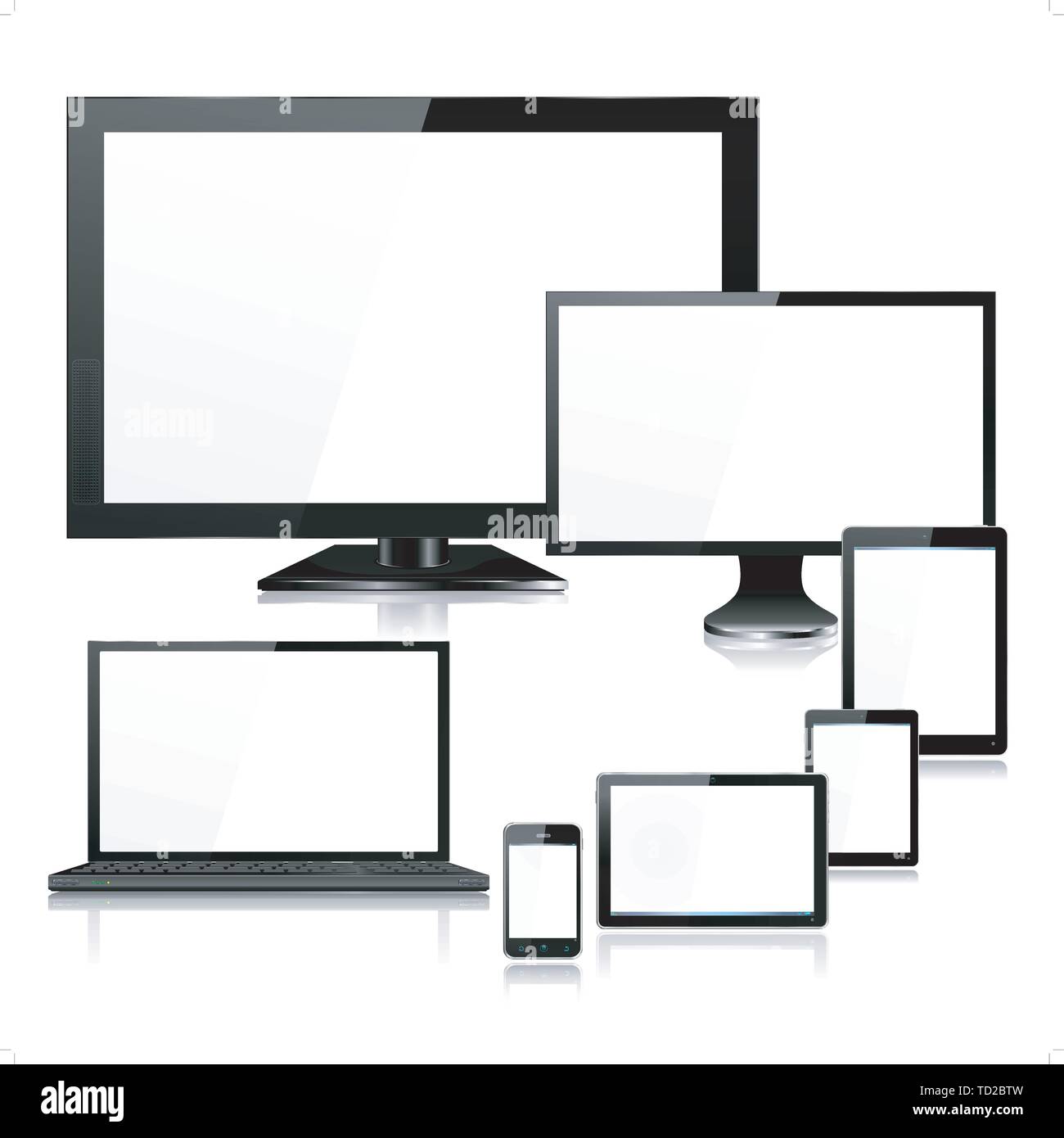 Réaliste et très détaillée des périphériques d'ordinateur mobile avec un ordinateur portable, TV, écran, tablette, smartphone et tablette mini - chaque périphérique individuellement g Illustration de Vecteur