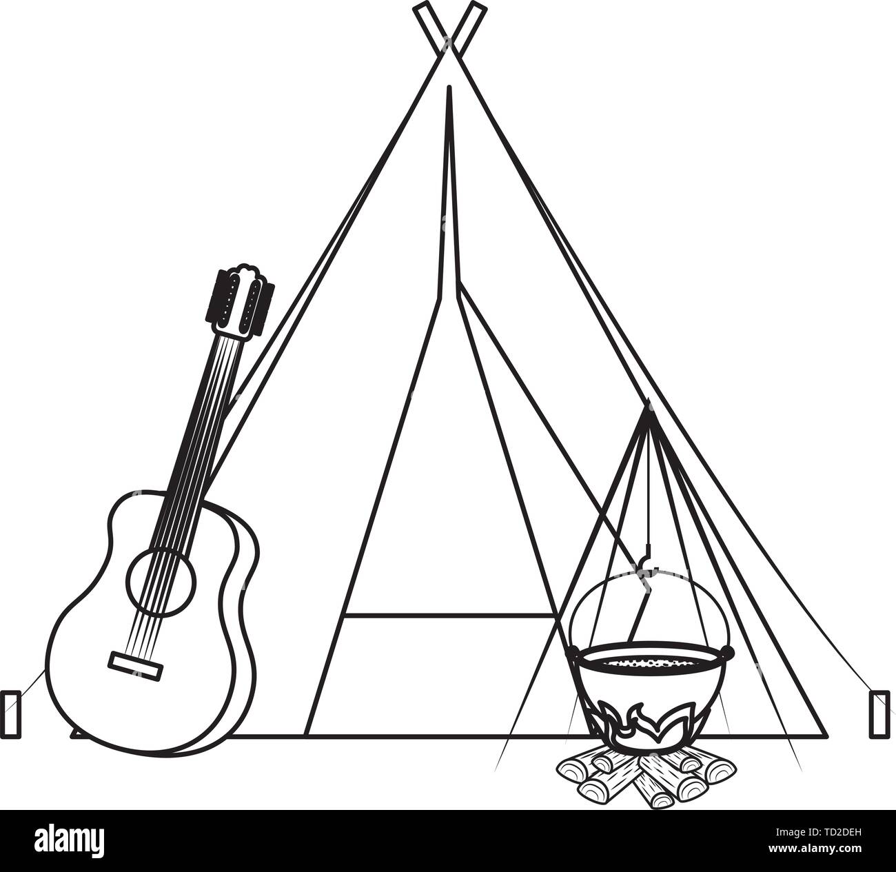 Tente camping avec guitare et feu de bois Image Vectorielle Stock - Alamy