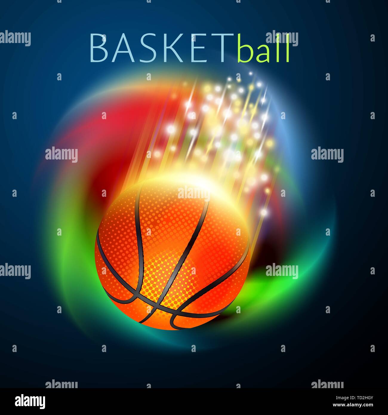 Basket-ball ball survolant rainbow background. Vecteur de vives et brillantes. Illustration de Vecteur