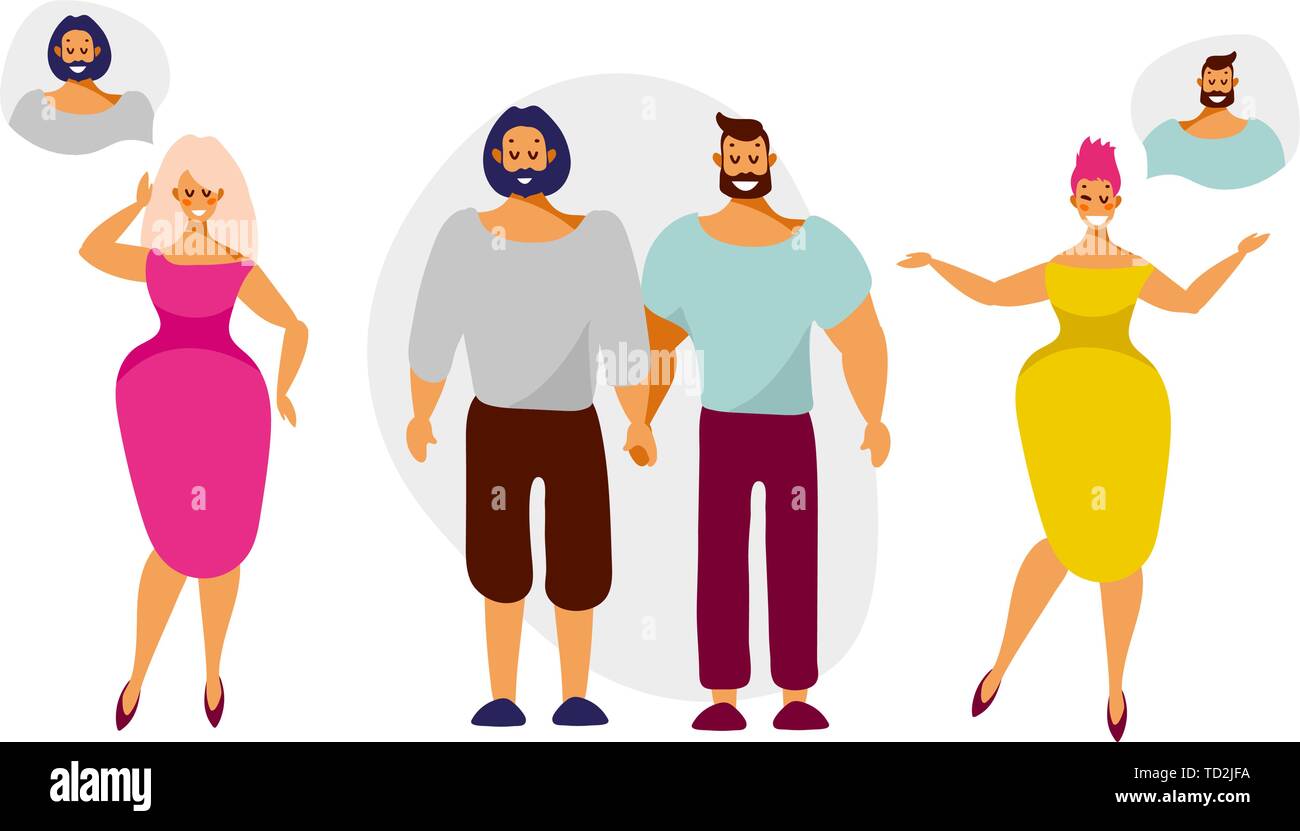 Belles femmes rêvent de relations avec les hommes de couples lgbt. Vector illustration dans télévision cartoon style isolé sur fond blanc. Illustration de Vecteur