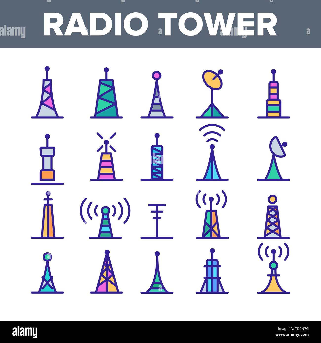 Pylônes et antennes radio linéaire Vector Icons Set Illustration de Vecteur