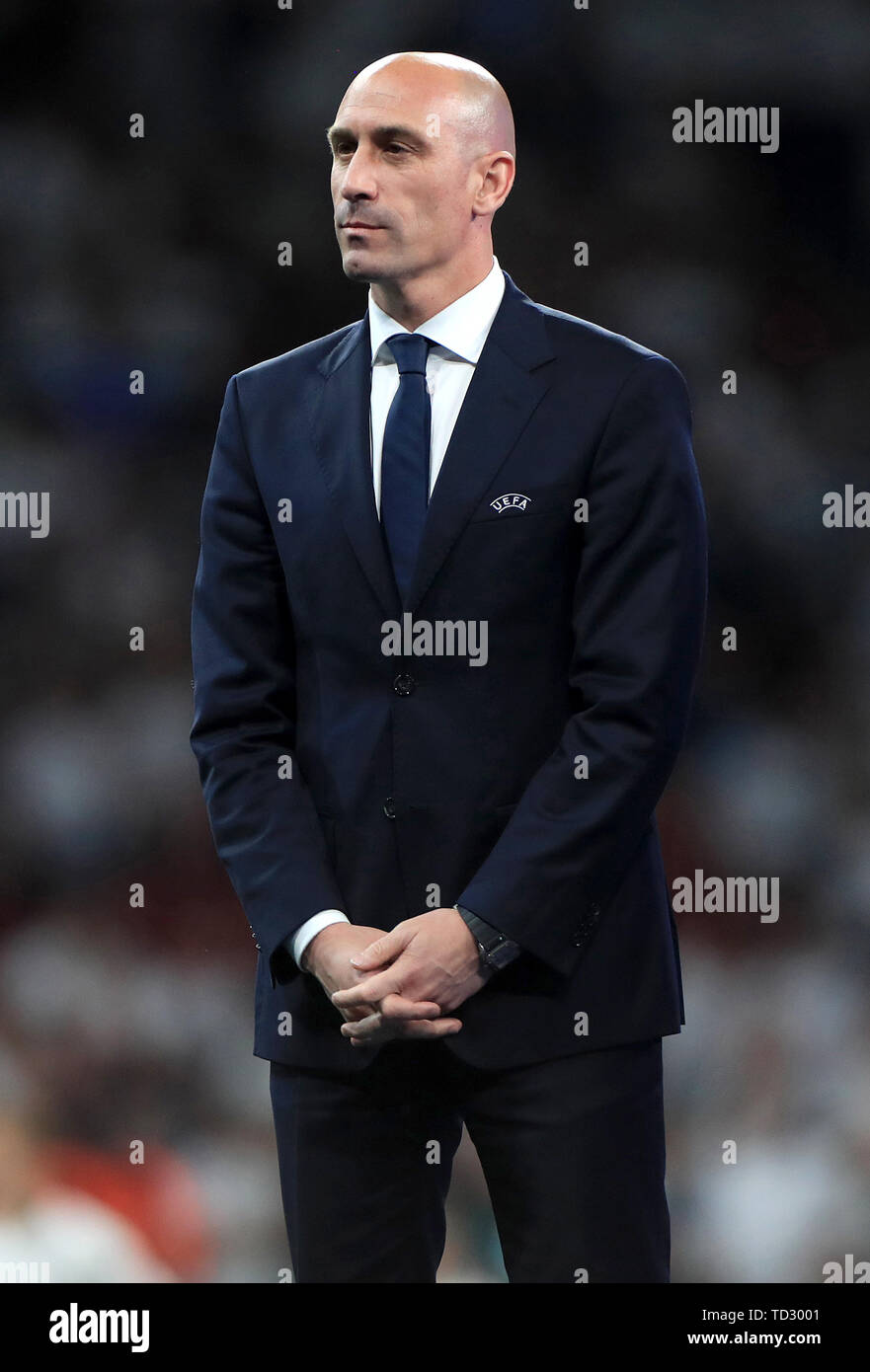 Luis Rubiales, Président de la Fédération royale espagnole de football après la finale de la Ligue des champions au Wanda Metropolitano, Madrid. Banque D'Images