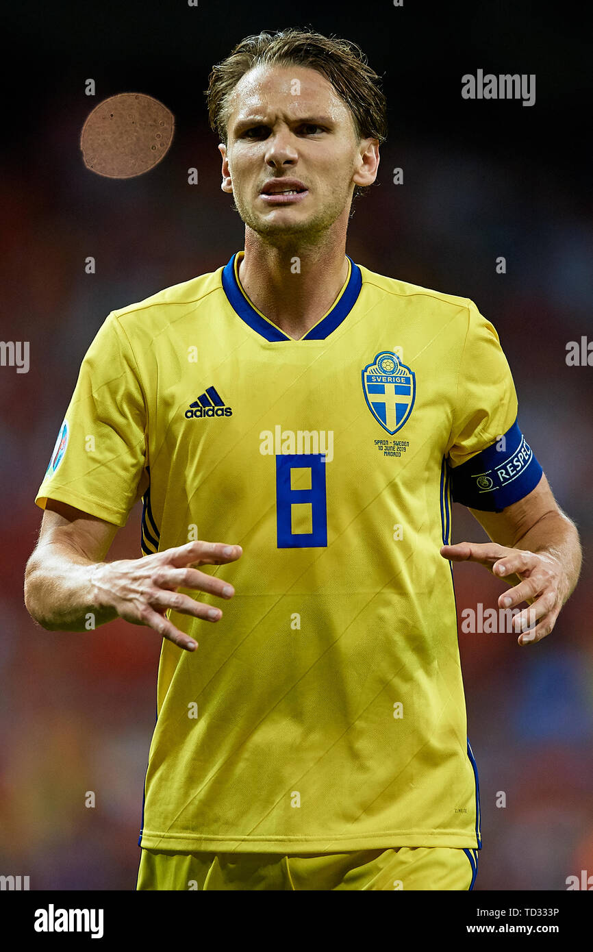 MADRID, ESPAGNE - 10 juin : Albin Ekdal réagit de la Suède au cours de l'UEFA Euro 2020 match de qualification entre l'Espagne et la Suède au Santiago Bernabeu le 10 juin 2019 à Madrid, Espagne. (Photo de David Aliaga/MO Media) Banque D'Images